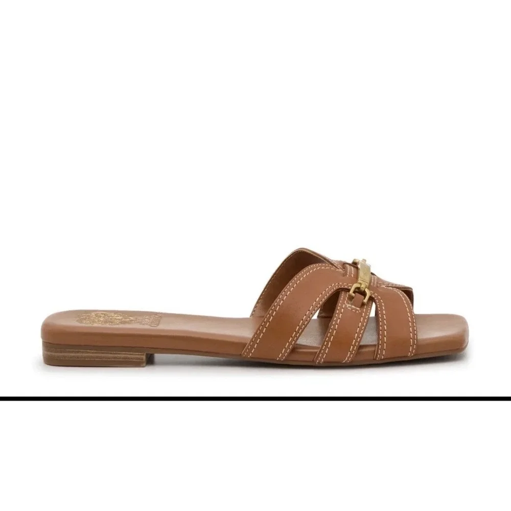 NIB Vince Camuto Arisha Sandals 11 M Brown Leather Slip-On Square Toe Flat Logo
